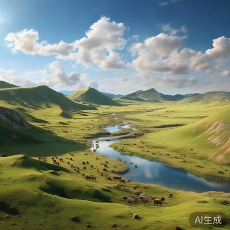 航拍内蒙古乌兰布统:牛群漫步河道,壮美风光尽收眼底